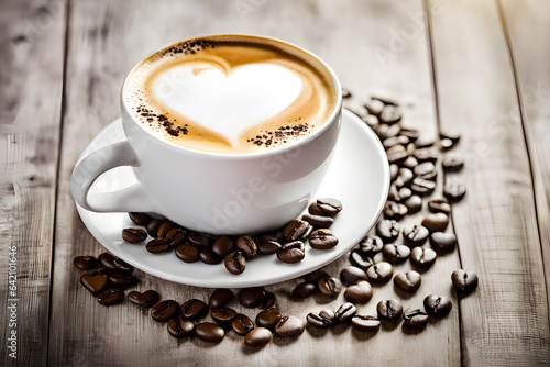 cup of coffee with beans, latte art coffee with heart shape milk in it © MuhammadHaseeb