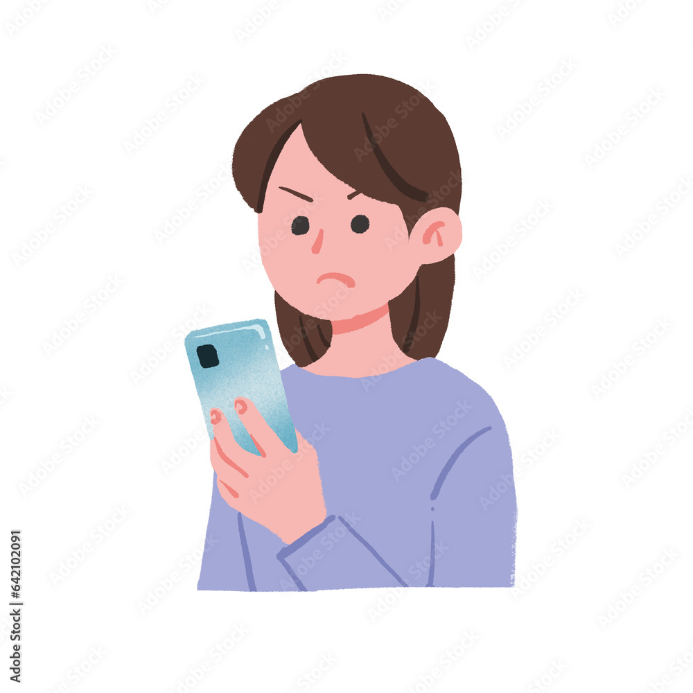 怒った表情でスマホを見ている女性