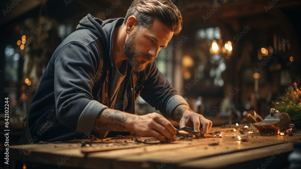 Professional carpenter working in the table.