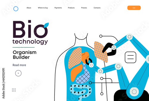 Bio Technology, Organism Builder -modern flat vector concept illustration of robot assembling organism using blocks, parts representing organ systems. Metaphor of regenerative medicine and 3D printing