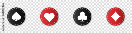 Set collection gambling sign symbol of playing card suits and chips for poker and casino. Hearts, clubs, diamonds and spades chips on an isolated transparent background.