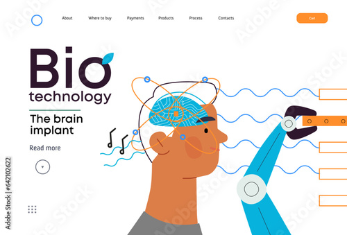 Bio Technology, Brain implant, Neural upgrade -modern flat vector concept illustration of brain implant, integration, enhanced cognitive abilities. Pushing boundaries of potential, neural upgrades