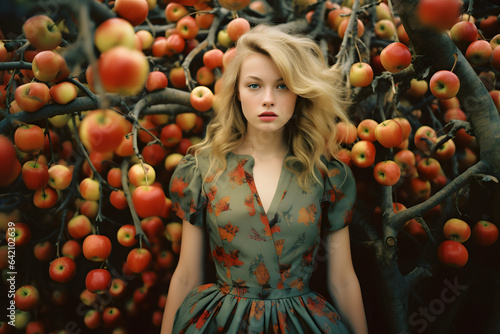 Beautiful girl with wavy blonde hair, in autumn orchard with apples