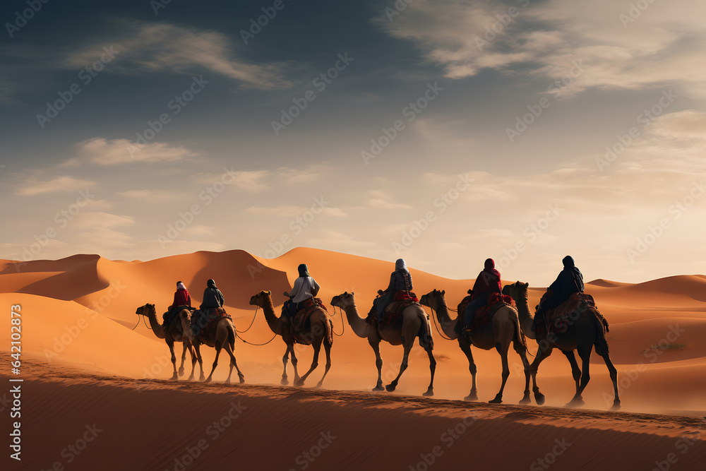 people riding camels on a sand dune in the desert people riding camels on a sand dune in the desert