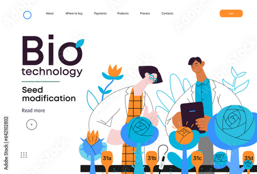 Bio Technology, Seed Modification -modern flat vector concept illustration of scientists analysing genetic modificated variants of a plant. Metaphor of direct impact of GMO on vegetation
