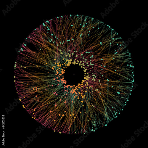 Futuristic vector sphere composed of particles and connecting lines, representing network connections and big data in an abstract technological background.