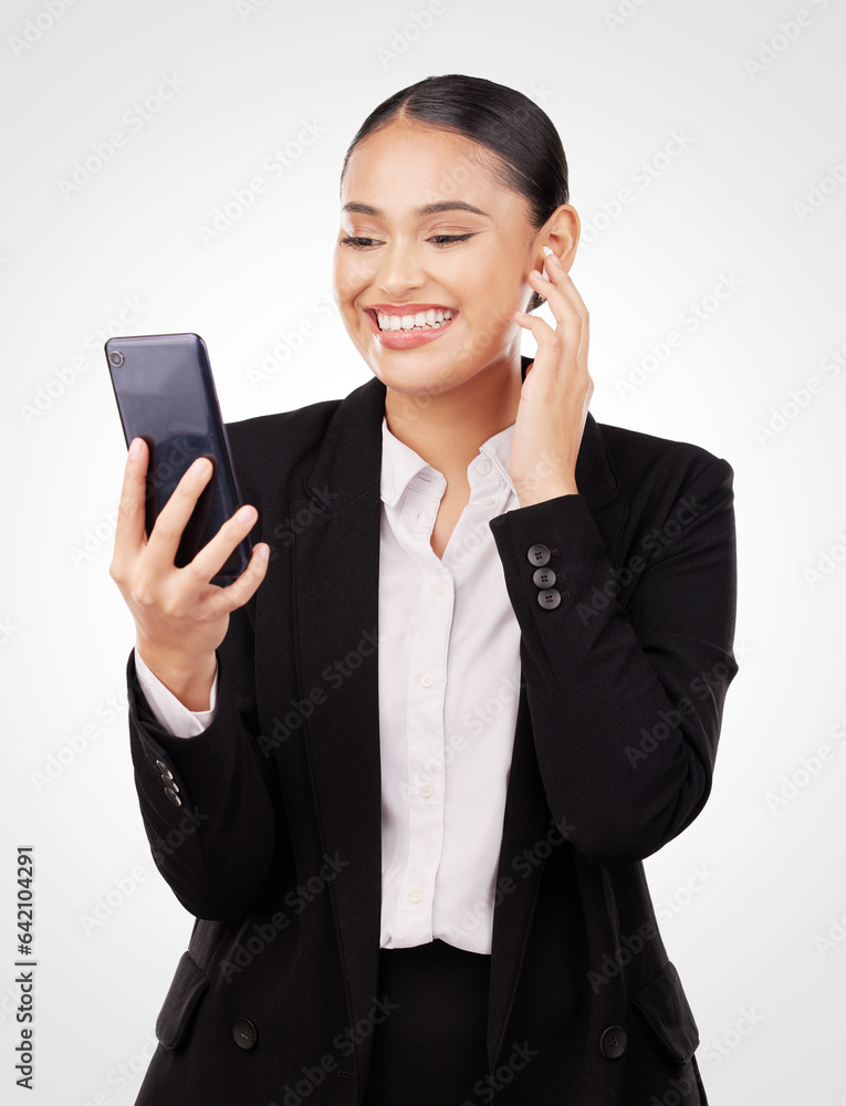 Business woman, video call and phone for social media networking, online meeting or opportunity in studio. Professional worker or happy employee with virtual communication or chat on white background Business woman, video call and phone for social media networking, online meeting or opportunity in studio. Professional worker or happy employee with virtual communication or chat on white background