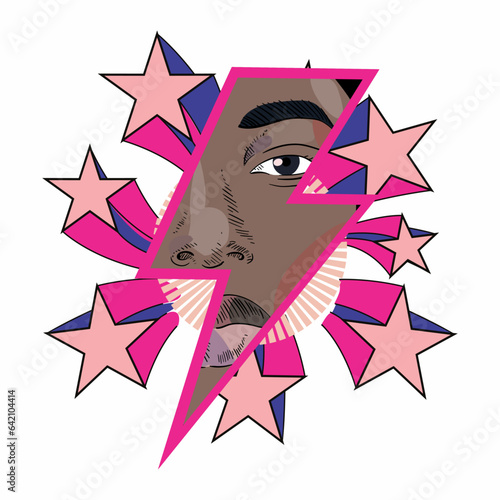 T-shirt design of the thunderbolt symbol with stars around it and a black person's face. Vector illustration for black history month