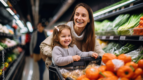 Mom and her child picking out groceries at the supermarket