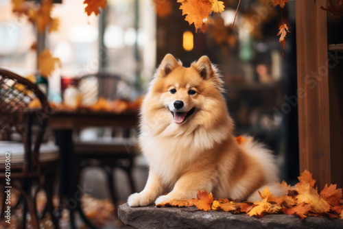 Funny fluffy dog sitting outdoor near cafe entrance and waiting for his owner. Autumn season concept
