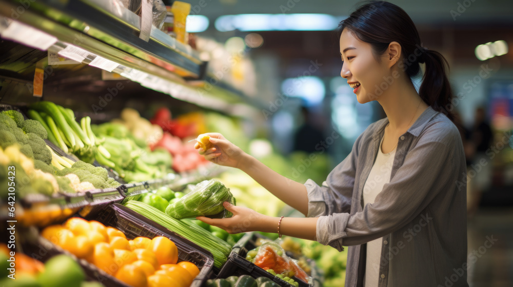 Woman chooses vegetables on the shelves at the grocery store