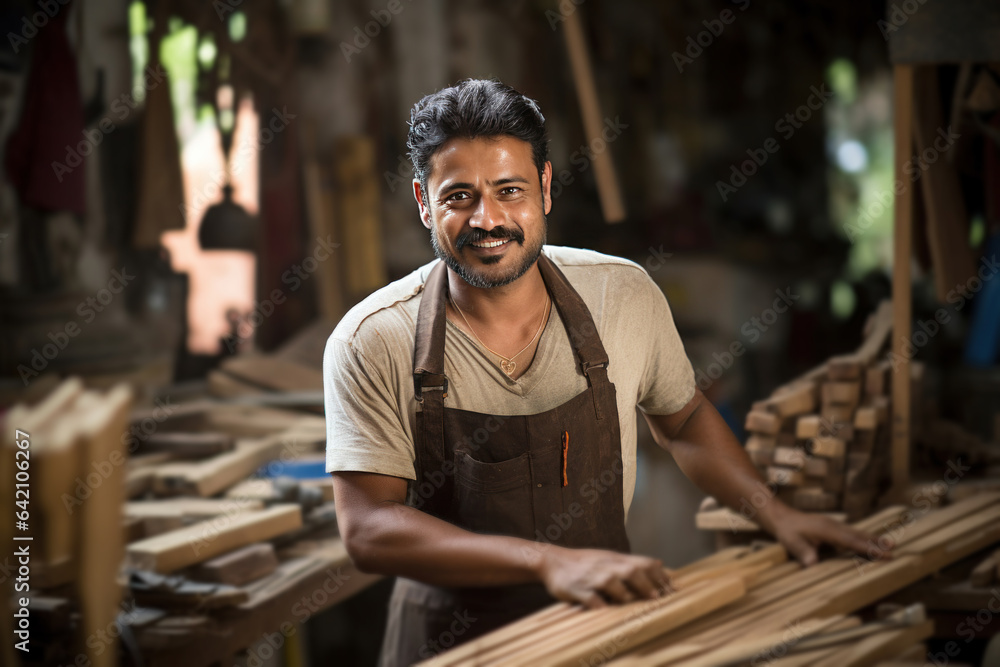 Portrait of Indian male carpenter working in his workshop - obrazy, fototapety, plakaty 