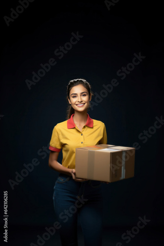 Indian home delivery Girl holding Parcel or box or package to be delivered
