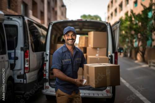 Indian delivery man carrying Boxes from delivery van © StockImageFactory