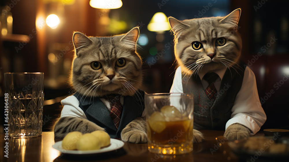 The Orange Scottish fold cats Joyful with tequila drinking at the bar.