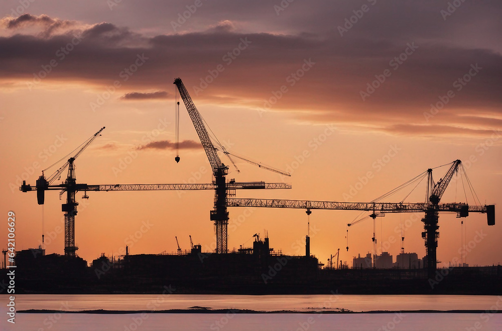 Construction cranes silhouette at sunset
