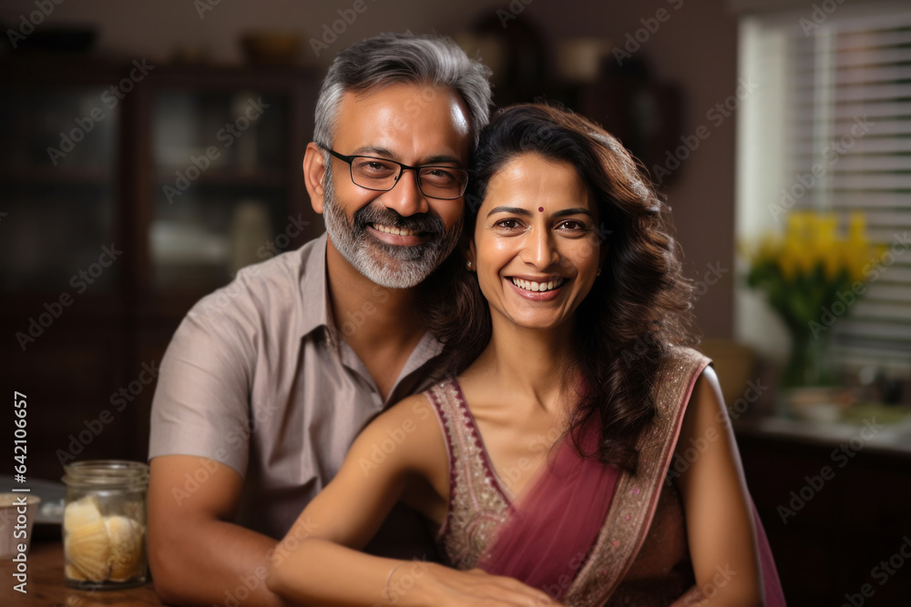 Portrait of Indian happy couple embracing each other at home on sofa or dining table Portrait of Indian happy couple embracing each other at home on sofa or dining table