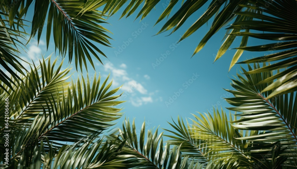 frame of palm leaves in the sky, copy space. travel and vacation concept. frame of palm leaves in the sky, copy space. travel and vacation concept.