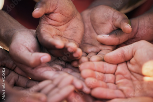 Принти на полотні Hands, palm and diversity of people in circle for charity, ngo and support in poor community together from above