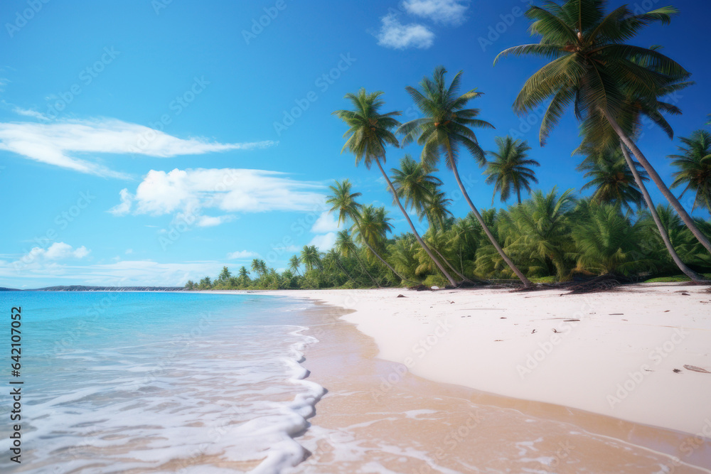 Tropical sandy beach with palm trees. Summer vacation, travel. AI generative.