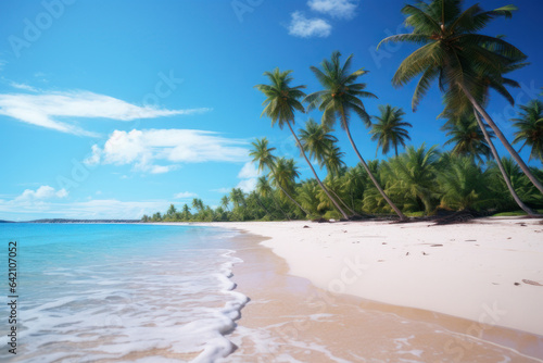 Tropical sandy beach with palm trees. Summer vacation, travel. AI generative. © Iaroslav