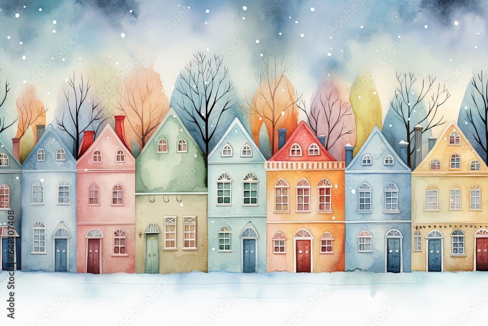 Narrow colorful town houses in a winter mood. Adorable medieval buildings standing near each other, european, nordic or german-style. Christmas card, banner, greetings. Romantic seasonal illustration.