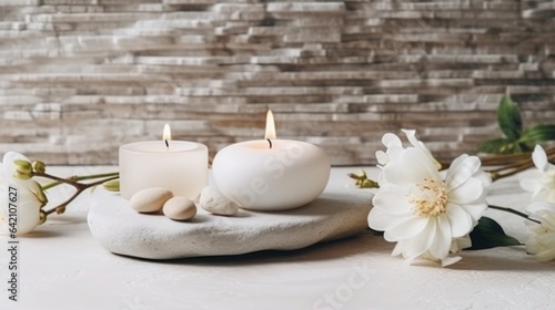 Spa resort therapy composition. Burning candles, stones, towel, abstract lights