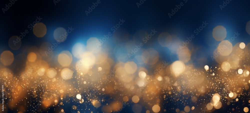 Festive celebration holiday christmas, new year, new year's eve banner template illustration - Abstract gold bokeh lights on dark blue background texture, de-focused - obrazy, fototapety, plakaty 