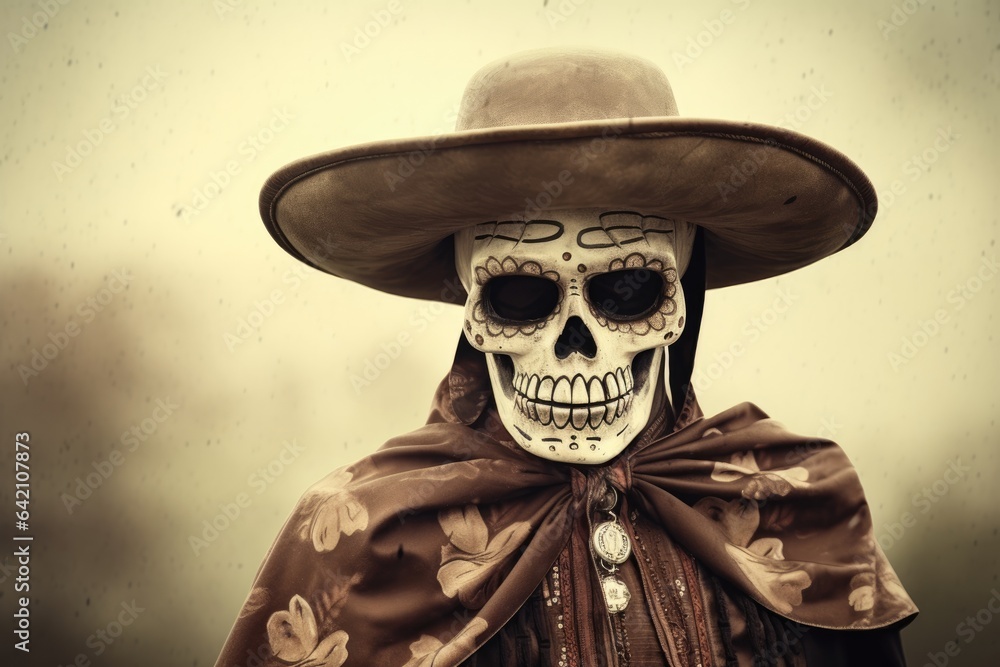 Obraz premium black-white Mexican skeleton bandit wearing a hat