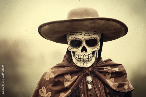 black-white Mexican skeleton bandit wearing a hat photo