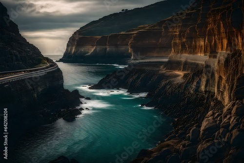 Coastal road hugging the edge of a rocky cliff - AI Generative