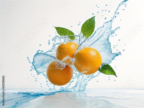Fresh oranges and pure water splash isolated on white background. 