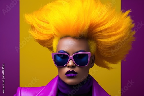 Concept abstract portrait of a vibrant 90s-inspired woman, showcasing bold makeup and colorful hair on the color background.