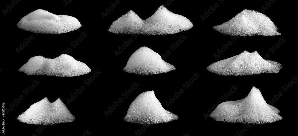 Set Foam texture, white bubbles from soap or shampoo or shower gel and facial foam. isolated on black background - obrazy, fototapety, plakaty 