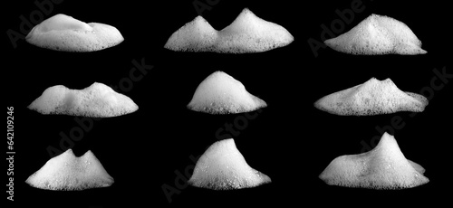 Set Foam texture, white bubbles from soap or shampoo or shower gel and facial foam. isolated on black background