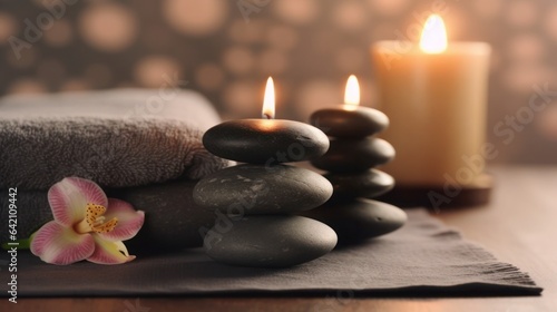 Spa resort therapy composition. Burning candles  stones  towel  abstract lights