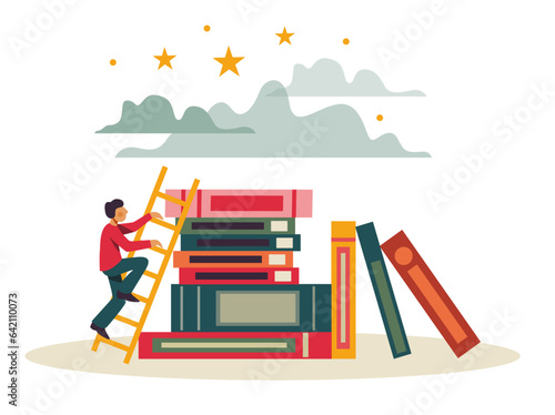 Sky is the limit. A man on a ladder climbbing a stack of books. . Vector illustration. Separated items on a white background. Empowerment and power.