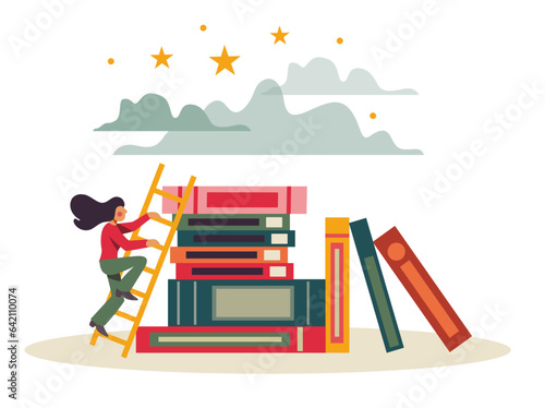 Sky is the limit. A girl, woman on a ladder, climbbing a stack of books. Vector illustration. Separated items on a white background. Empowerment and girl power. Accomplishment.