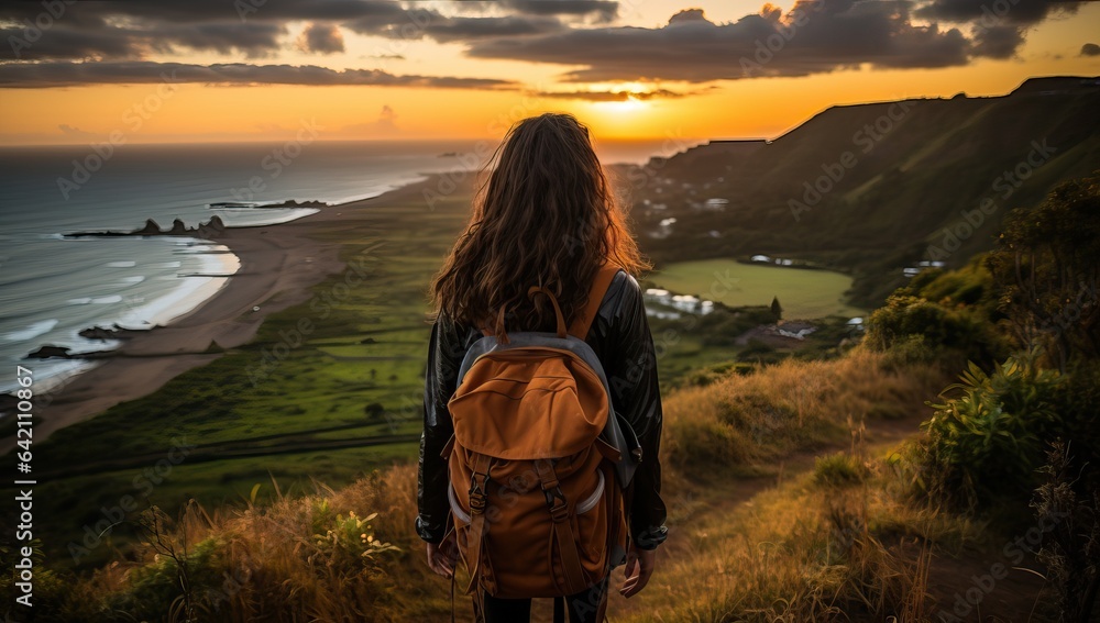 Woman with backpack looking at the sunset on the coast