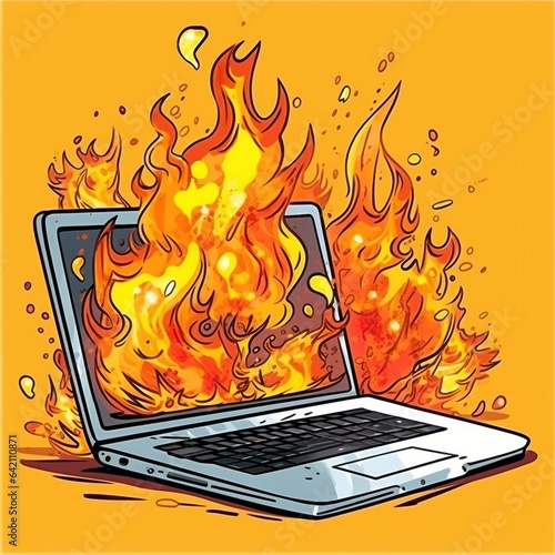 cartoon laptop on fire