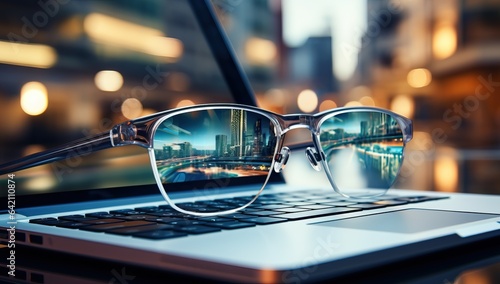 Glasses on laptop keyboard with cityscape background. © Meow Creations