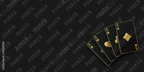 A hand fan of playing cards consisting Ace of Spades, Diamonds, Clubs, Hearts. Vector illustration poker of all the aces. Black poker table background.