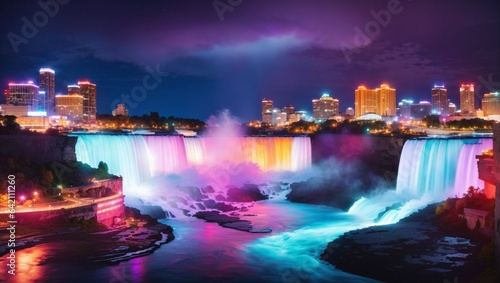 A water fall in the city with neon lights