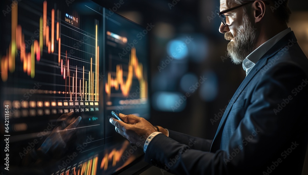 Businessman analyzing stock market data on virtual screen. Business and financial concept. Businessman analyzing stock market data on virtual screen. Business and financial concept.