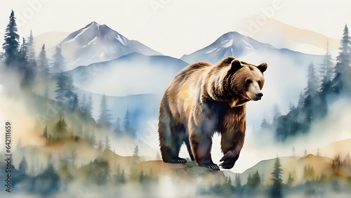 Double exposure of a bear and a mountain, natural scenery. Watercolor. Watercolor postcard of mountains and bear. © 360VP
