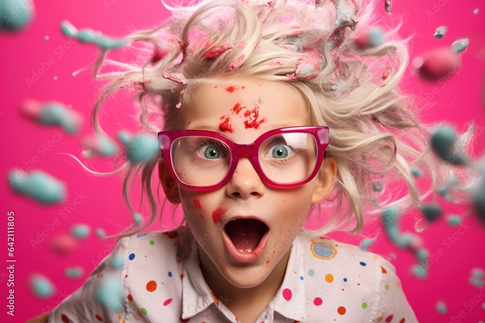 Enchanting portrait of a curly-haired girl with tousled blond locks, donning multicolored strands and glasses, exuberantly captured in a joyful scream on the vibrant pink background. Enchanting portrait of a curly-haired girl with tousled blond locks, donning multicolored strands and glasses, exuberantly captured in a joyful scream on the vibrant pink background.