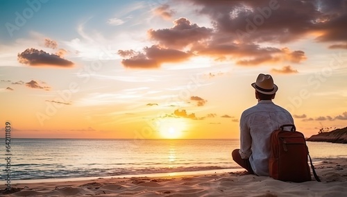 Man sitting on the beach with a suitcase and looking at the sunset