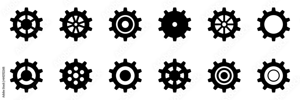 Collection of mechanical cogwheels. Gears icon set. Setting gears icon. Vector illustration with black silhouettes sprocket icons or signs design element. White background.