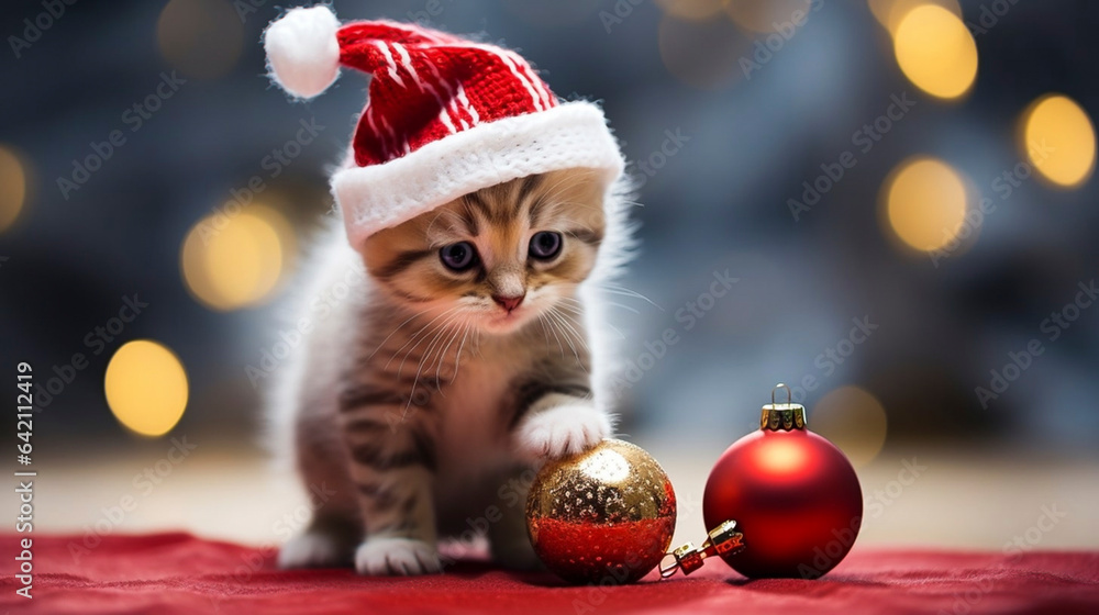 copy space, realistic phot,cute adorable little kitten playing with christmas decoration, background for christmas, postcard, napkins or other decoration. copy space, realistic phot,cute adorable little kitten playing with christmas decoration, background for christmas, postcard, napkins or other decoration.