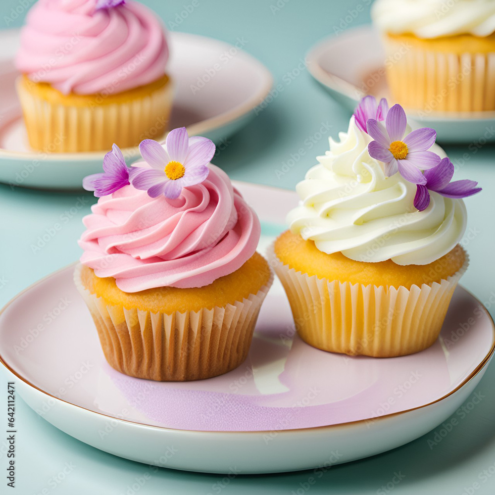 Cupcakes with pink and white cream and flowers. 